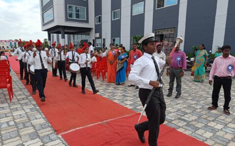 Band troop marching during the Investiture ceremony at RISHS International CBSE School Arcot