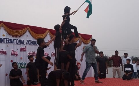Boys Pyramid Holding Flag in Thanks Giving at RISHS International CBSE School Arcot