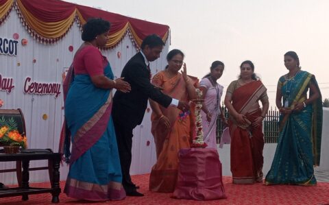 Chief Guest Lighting lamp at Thanks Giving at RISHS International CBSE School Arcot