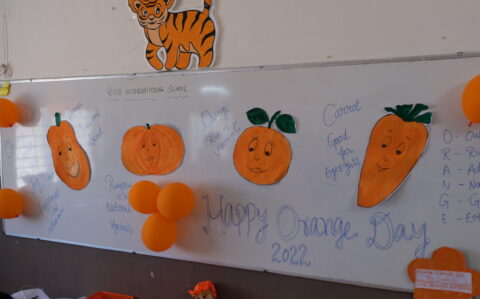 Decorated Board With Orange themed things at RISHS International CBSE School Arcot