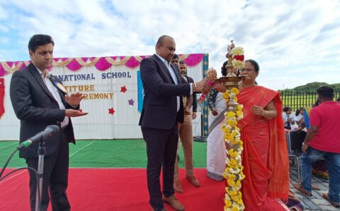 Lighting of candle by the founder during the investiture ceremony at RISHS Interantional CBSE School ARcot