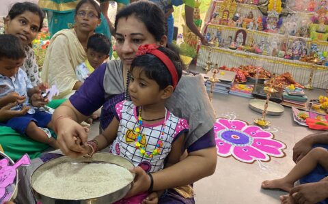 Parents and Children doing Rituals during Vijayadasami at RISHS International CBSE School Arcot